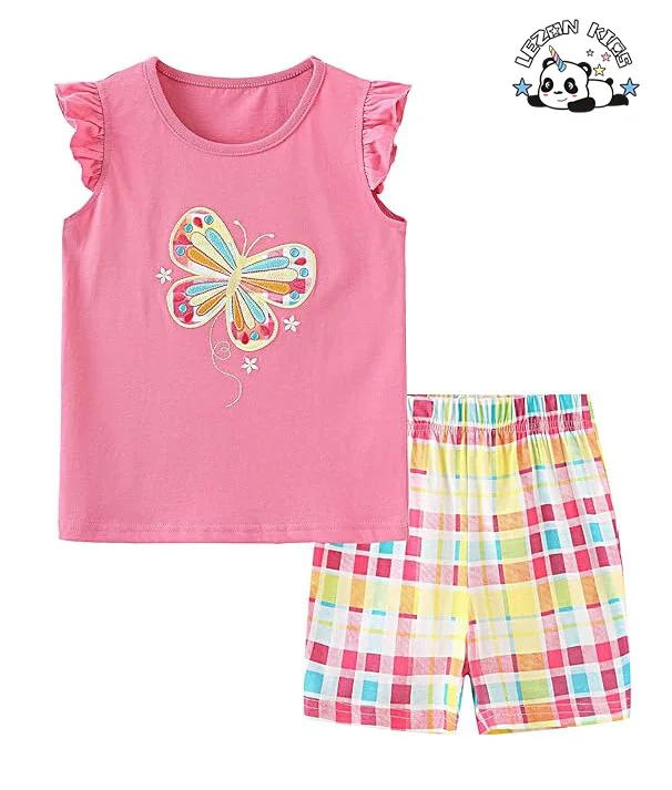 LEZONKIDS - Conjunto de Roupas de Verão para Crianças de 2 Peças: Camiseta sem Manga com Estampa e Shorts para Meninas com Logotipo Personalizado